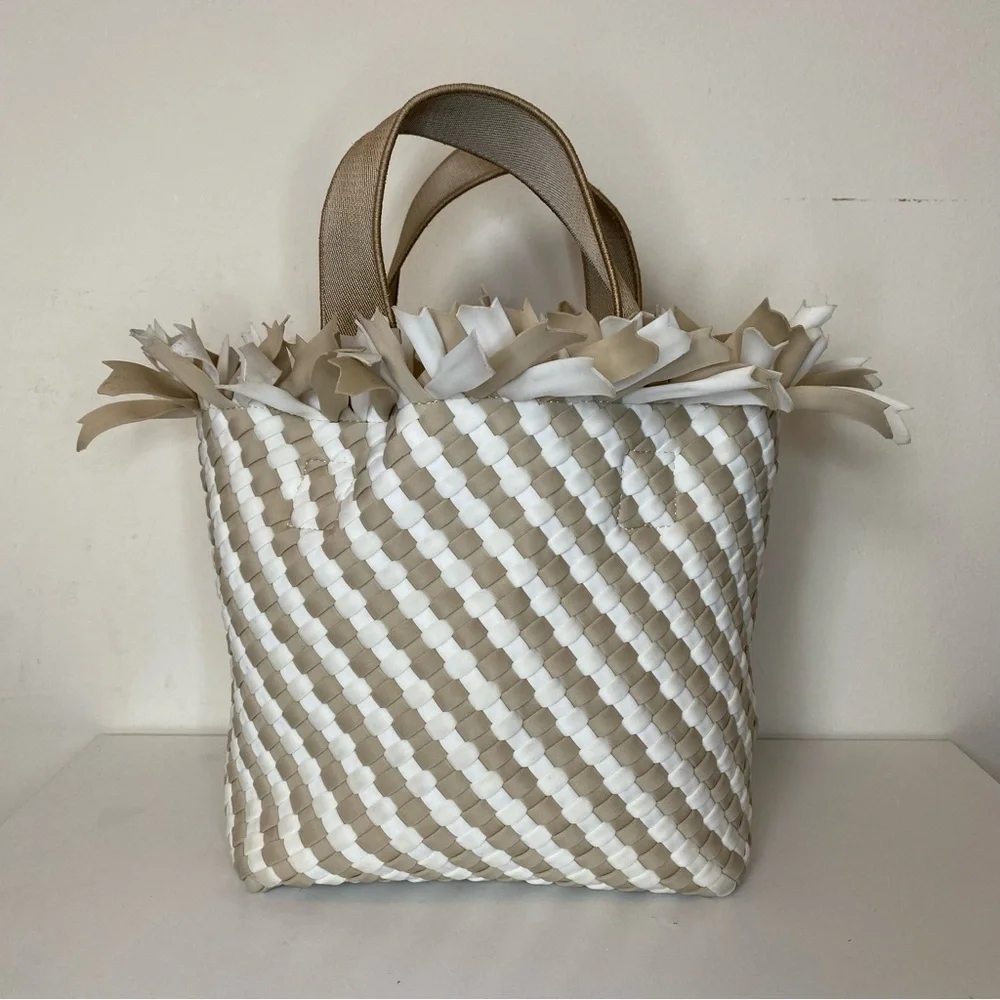 NAGHEDI Havana Small Woven Neoprene Tote Fringe Crossbody Striped Almaza Tan - Picture 4 of 15